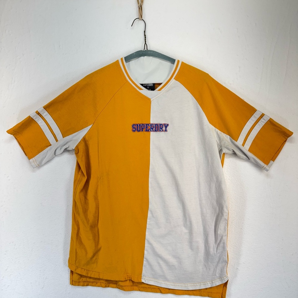 Superdry T Shirt V Neck Short Sleeve Logo Yellow White Size s